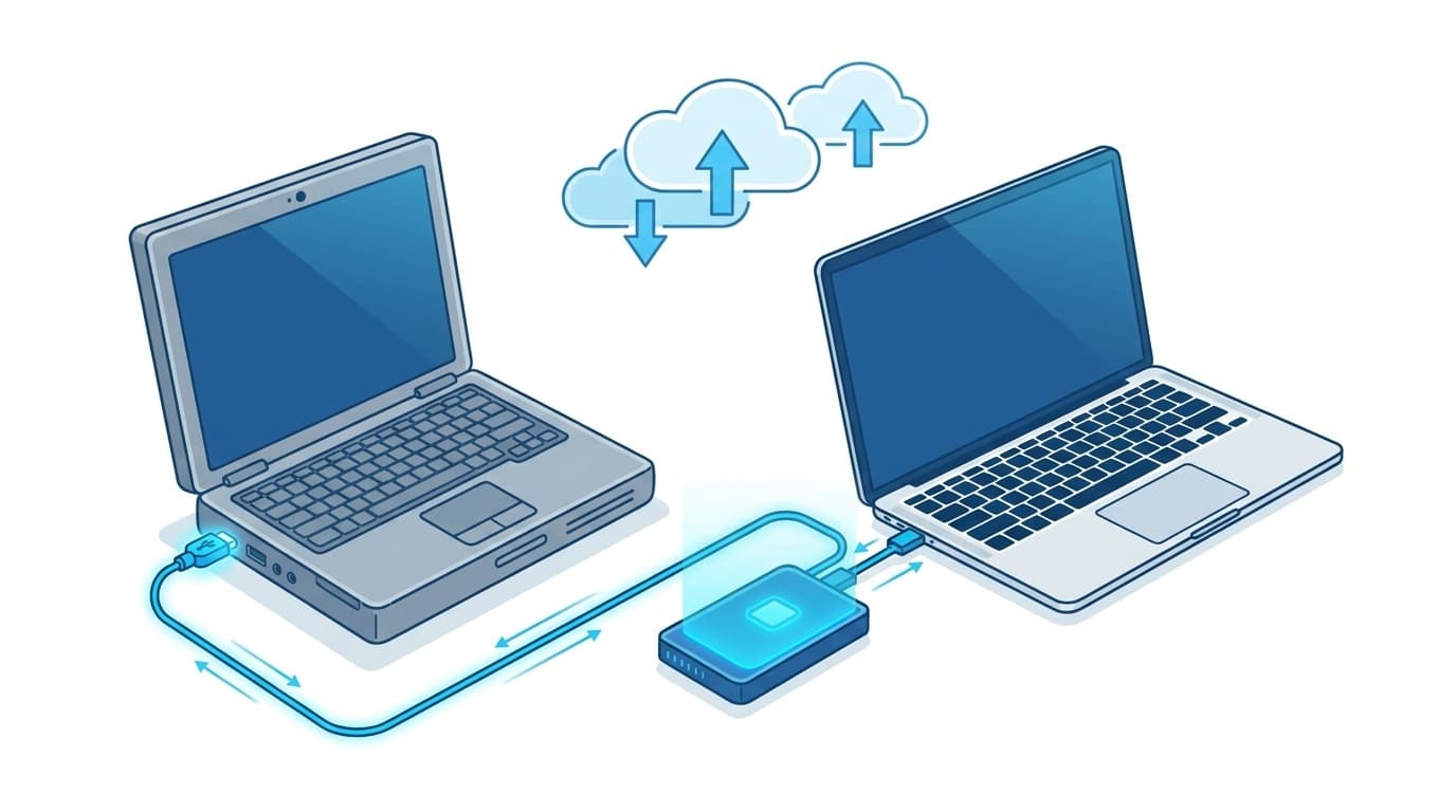 新しいパソコンへのデータ移行イメージ:2台のノートパソコンと外付けSSDによるデータ転送の概念図