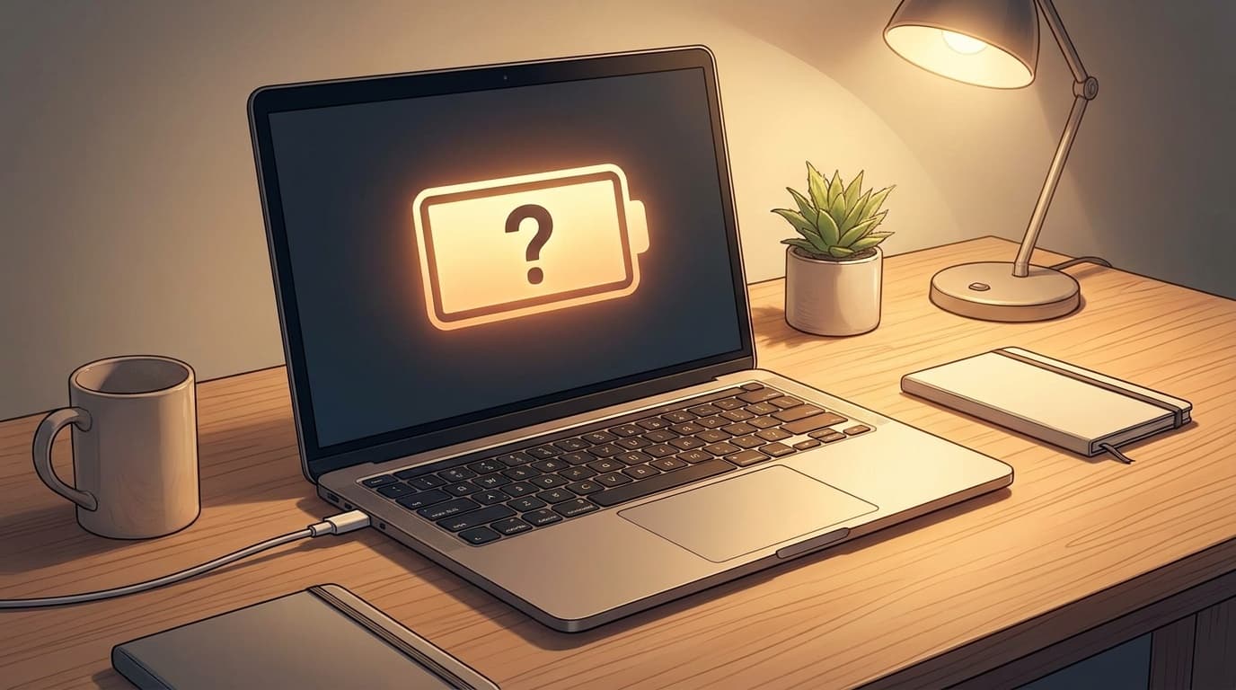 ノートパソコンに充電器が接続されているがバッテリーアイコンに疑問符が表示されているイラスト
