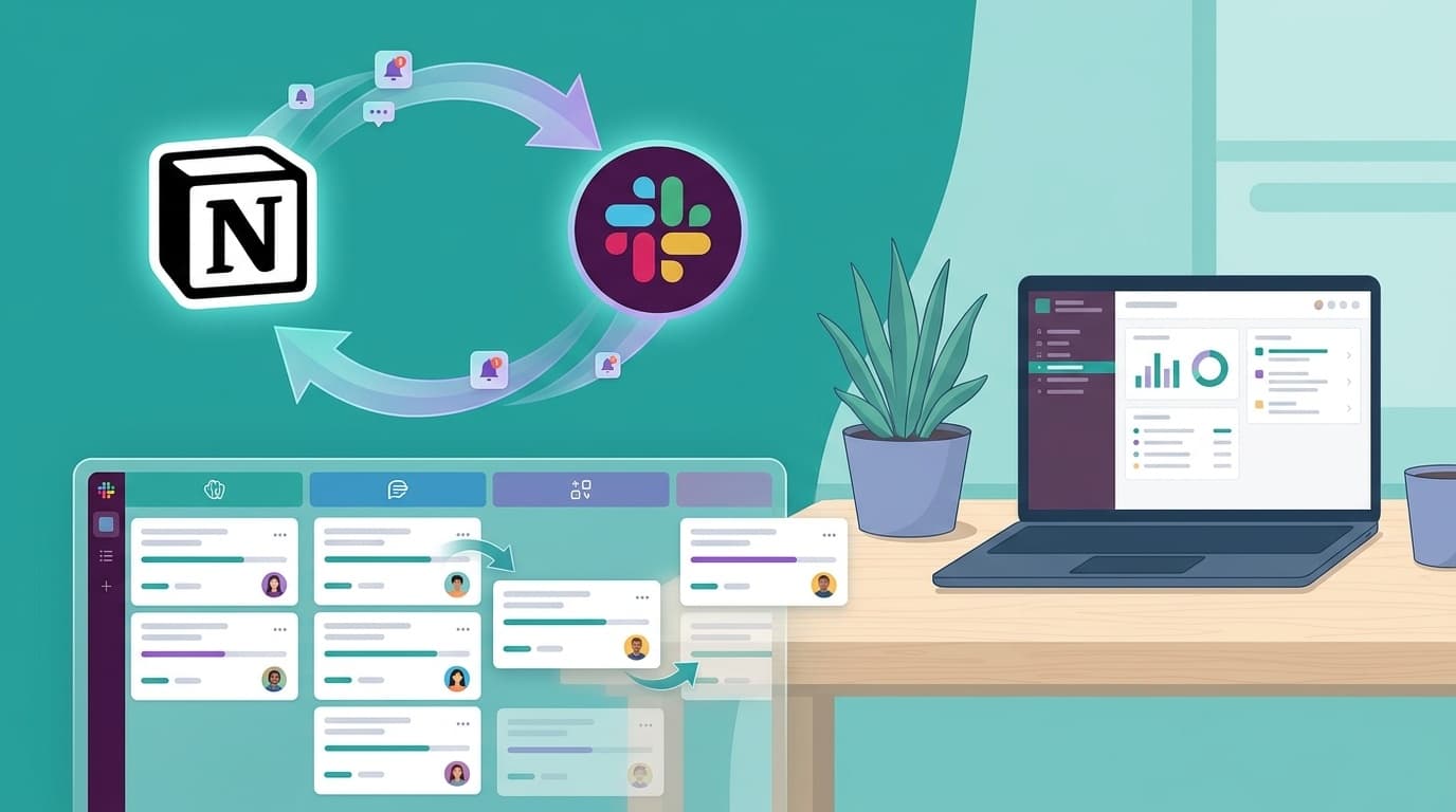 NotionとSlackが連携してタスク更新通知が自動配信されるイメージ図