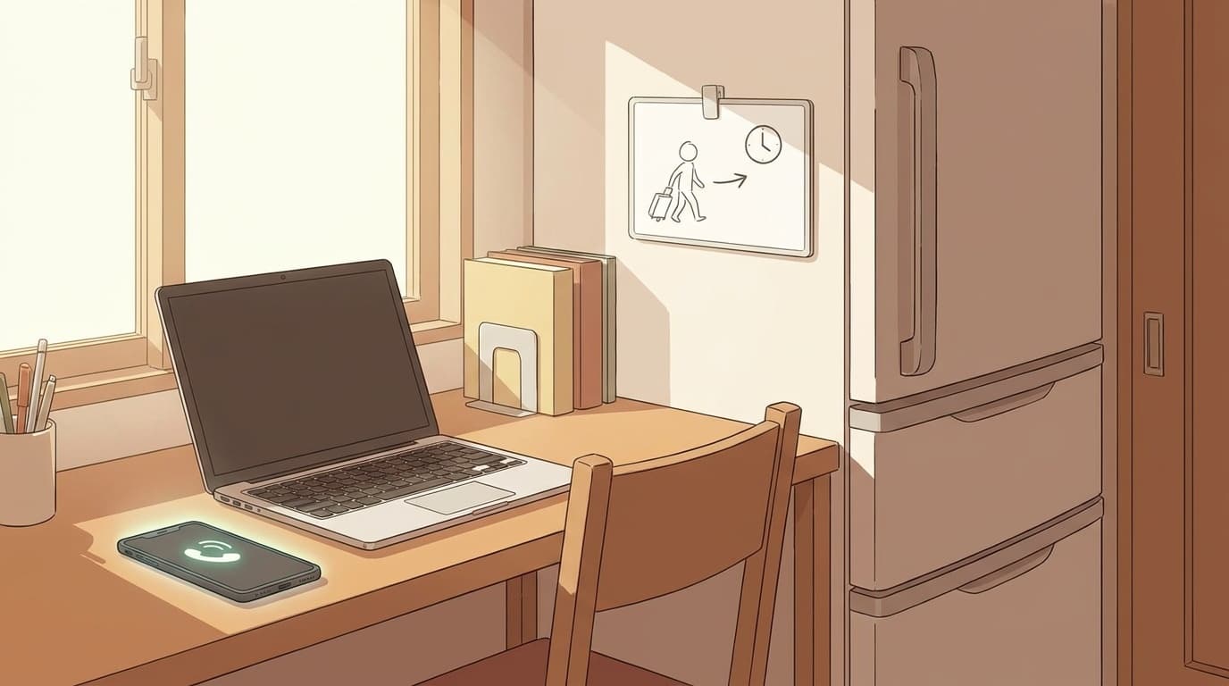在宅勤務のデスクとホワイトボードの中断メモ、スマートフォンの着信通知