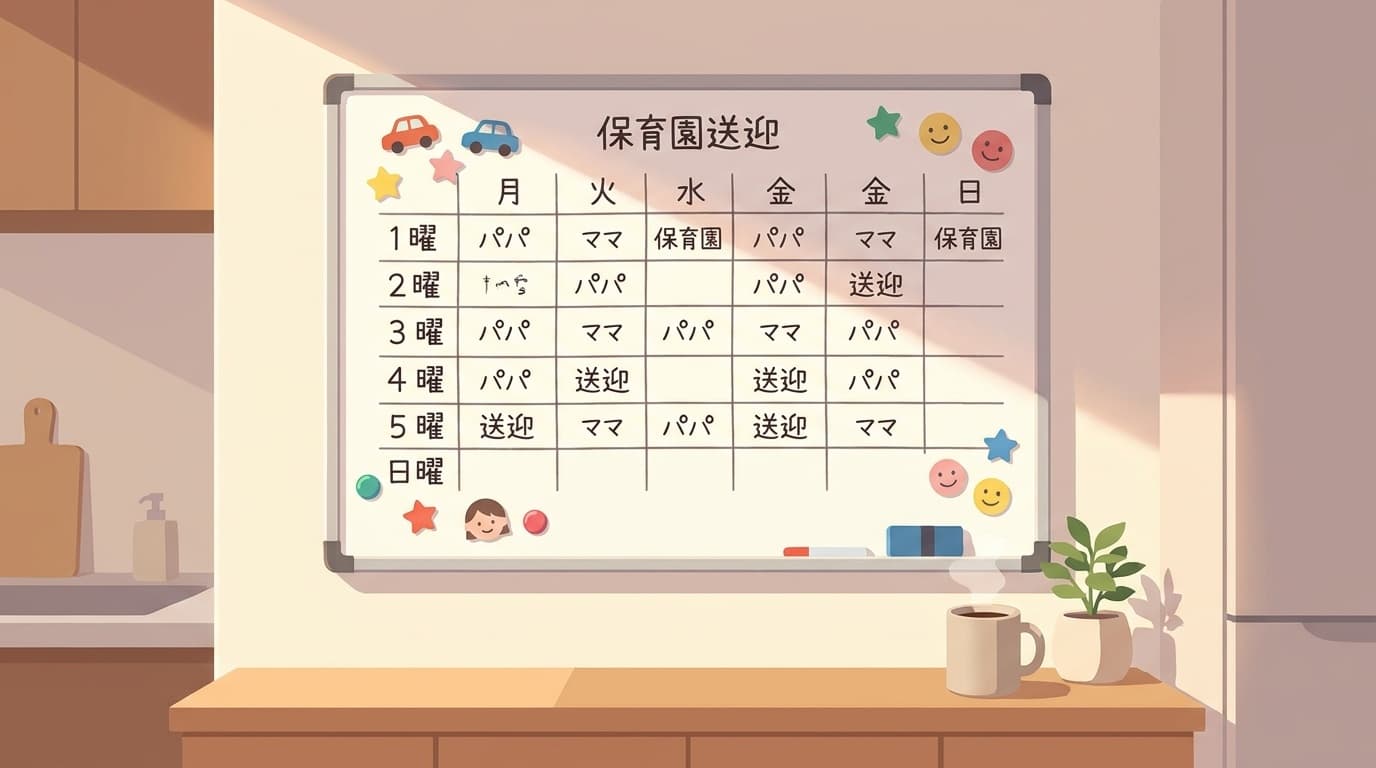 共働き家庭のリビングにあるホワイトボードに送迎シフト表が書かれている様子