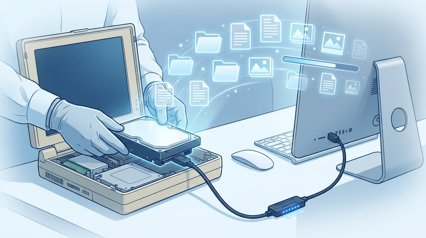 古いノートパソコンからHDDを取り出してSATA-USB変換ケーブルで別のPCに接続し、データを救出しているイラスト