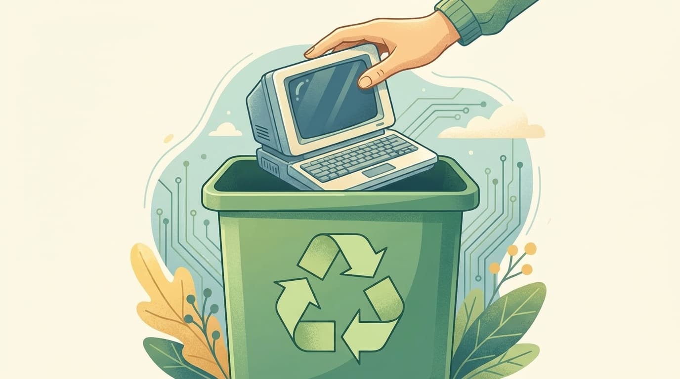 古いノートパソコンをリサイクルボックスに入れるイラスト