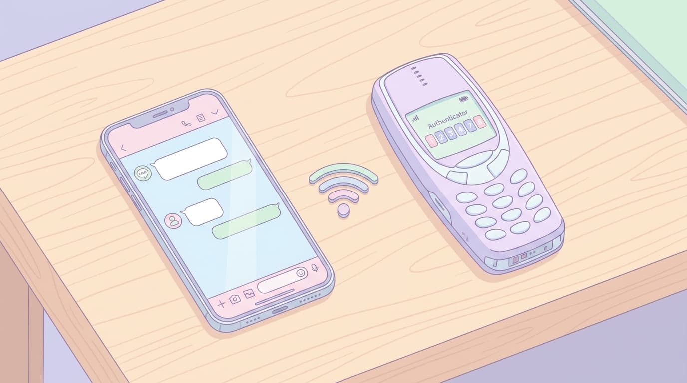 新旧2台のスマートフォンがWi-Fiで接続されている様子のイラスト。古いスマホをサブ機として活用するイメージ