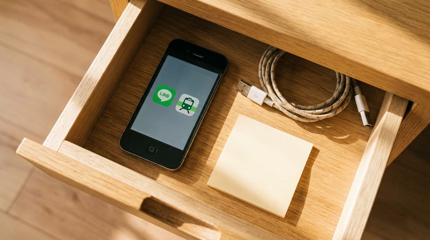 引き出しに保管された古いスマホと充電ケーブル。画面にLINEとSuicaのアイコンが表示されている