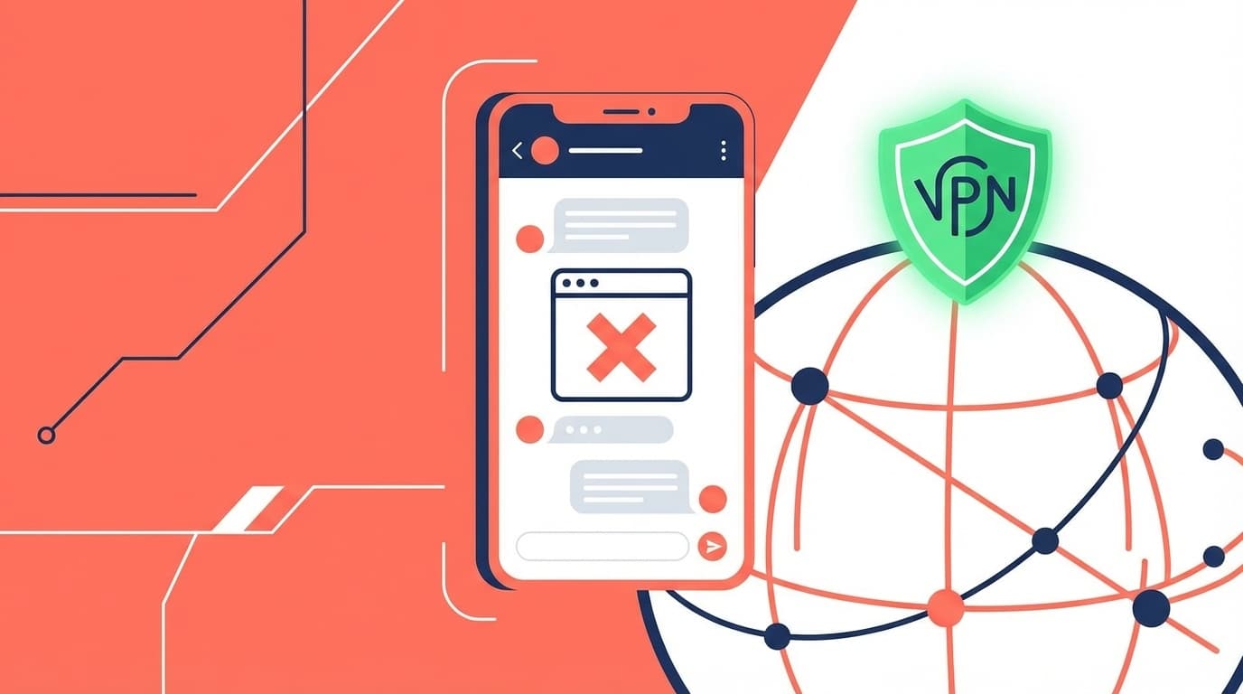 海外旅行先でスマートフォンのAIチャットがブロックされている様子とVPNシールドのイラスト