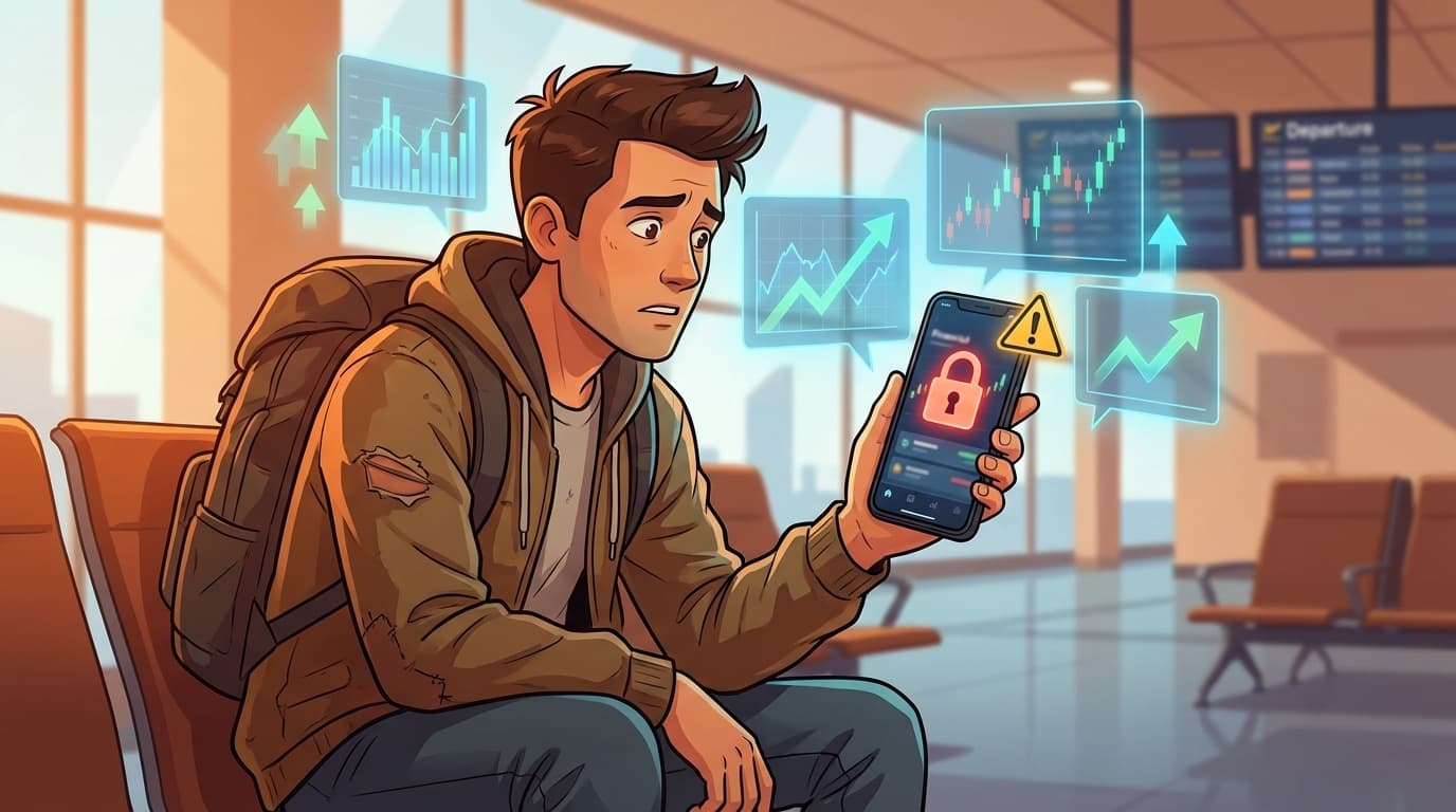 海外の空港でスマホの証券アプリがロックされて困っている旅行者のイラスト