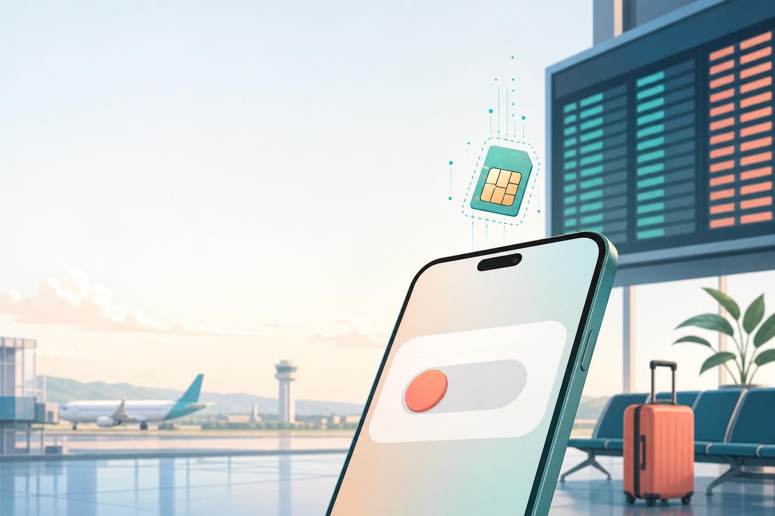 空港のスマートフォンでデータローミング設定を確認するイラスト