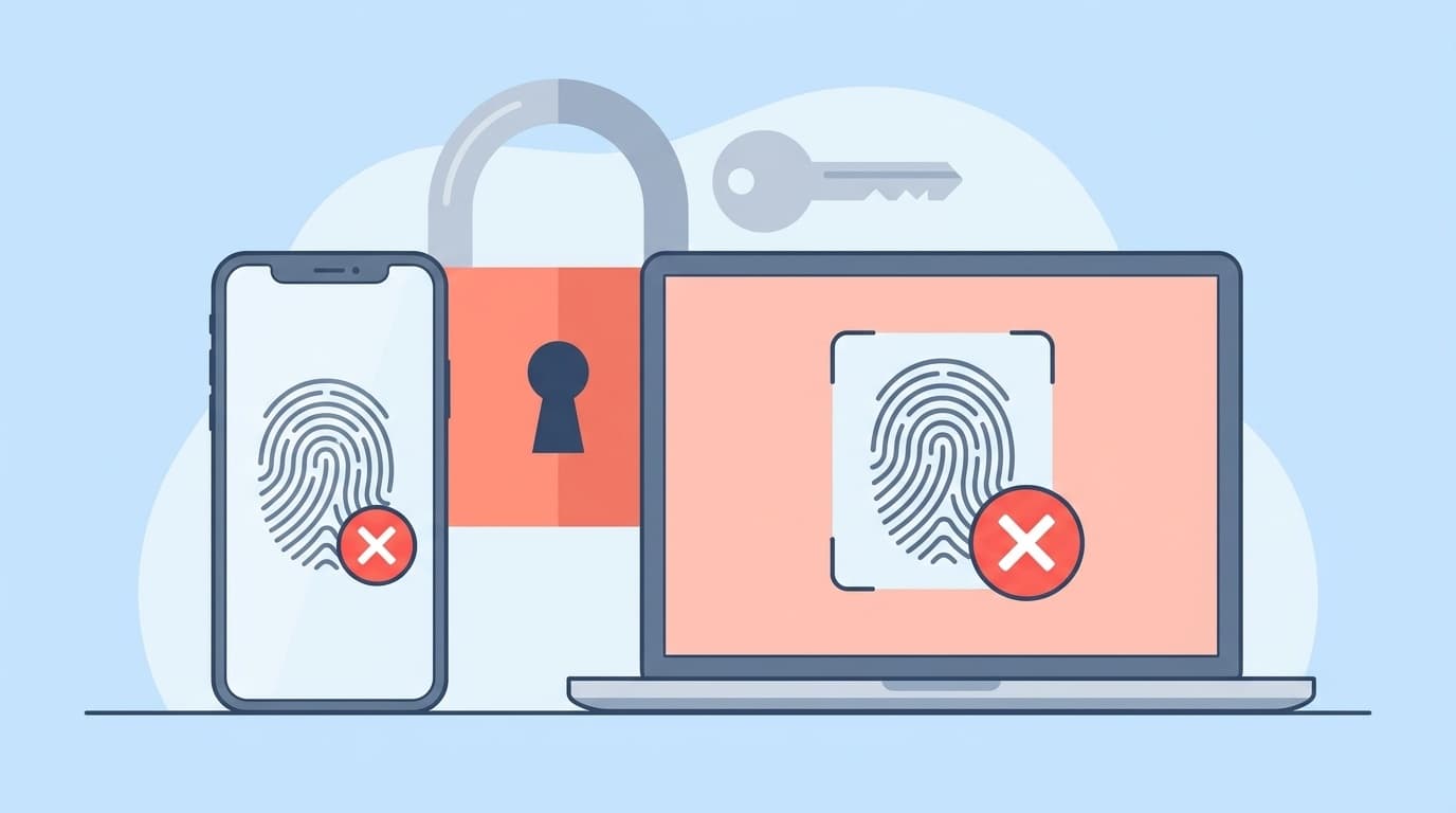 パスキー認証エラーのイメージ:スマホとパソコンで指紋認証が失敗している様子