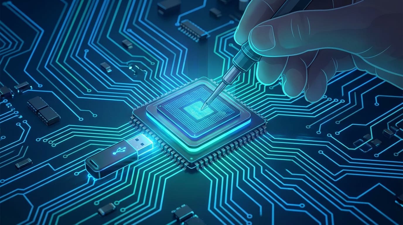 マザーボード上のBIOSチップとUSBメモリによるアップデートのイメージイラスト