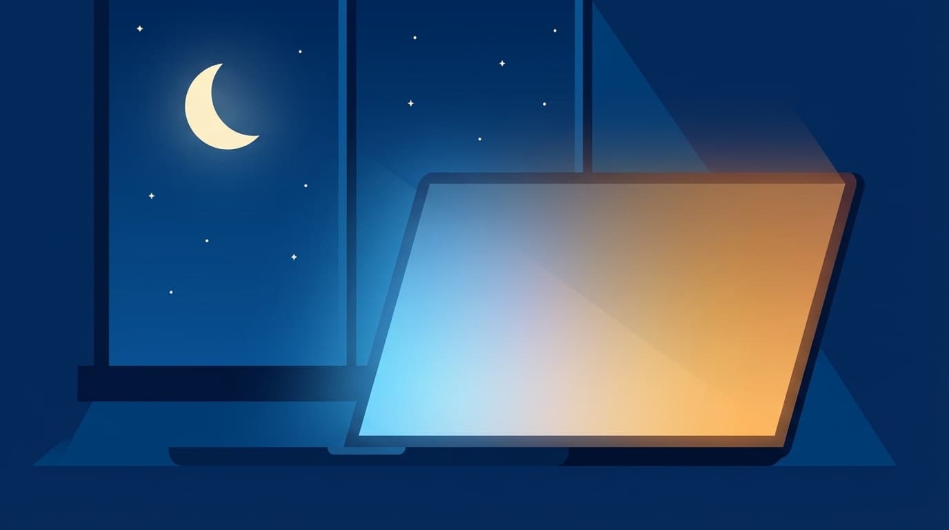 パソコンの画面がブルーライトから暖色に変わるイラスト