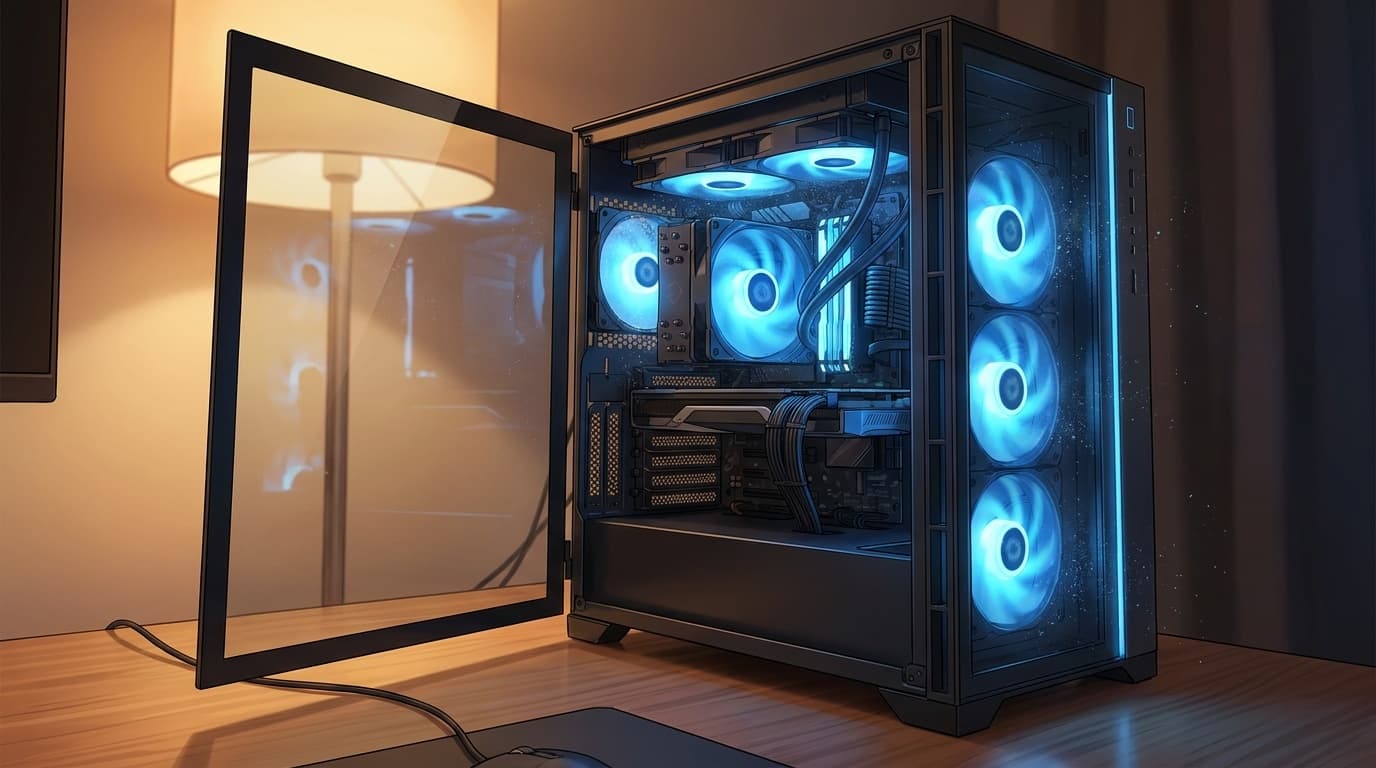 デスクトップPCの内部ファンが回転している様子のイラスト