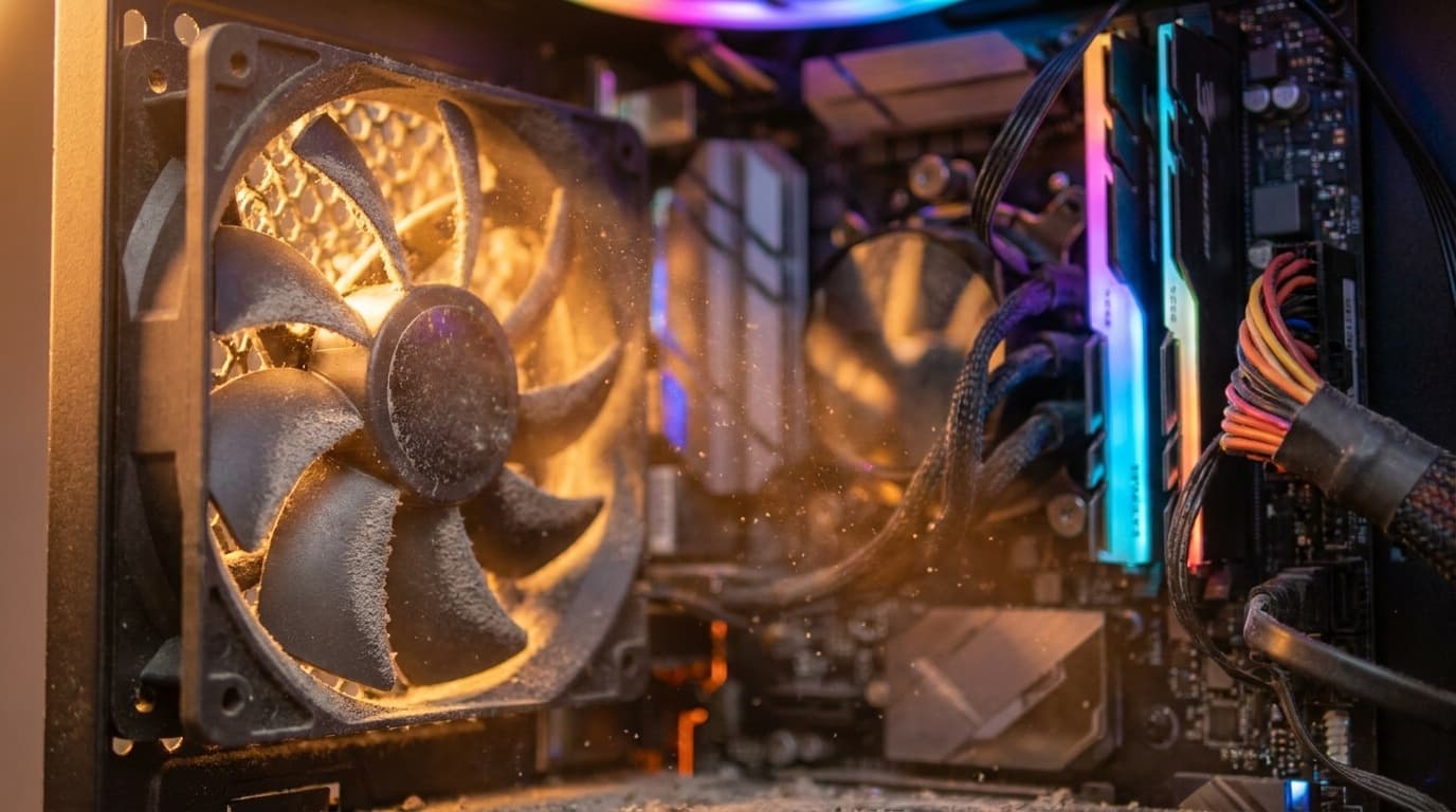 デスクトップPCの内部でホコリが付着したファンのクローズアップ写真