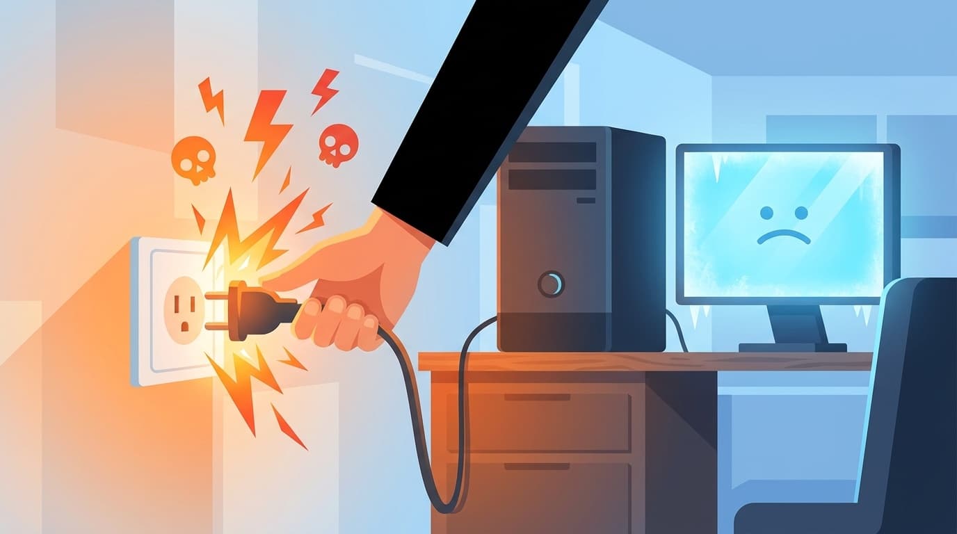 パソコンがフリーズして電源コードを抜こうとしている様子のイラスト