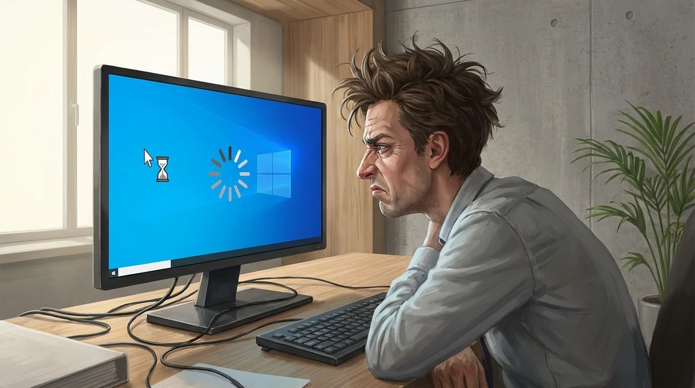 パソコンがフリーズして固まった画面を見つめる人のイラスト