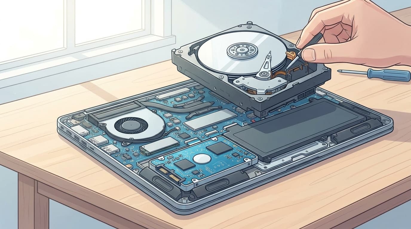 ノートPCのHDDをSSDに交換する作業のイメージイラスト