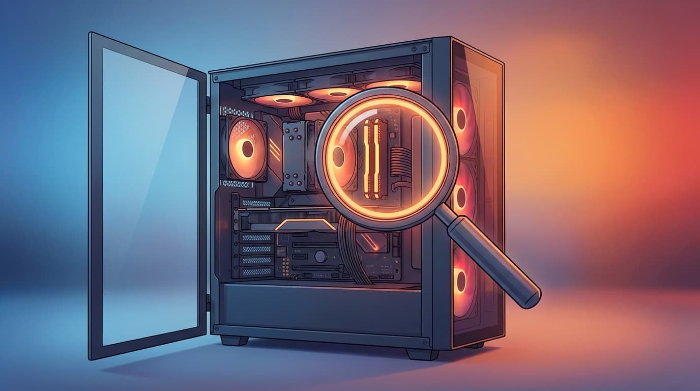 デスクトップPCの内部パーツを診断している様子のイラスト — パソコンの寿命と壊れる前兆のサインを確認するイメージ