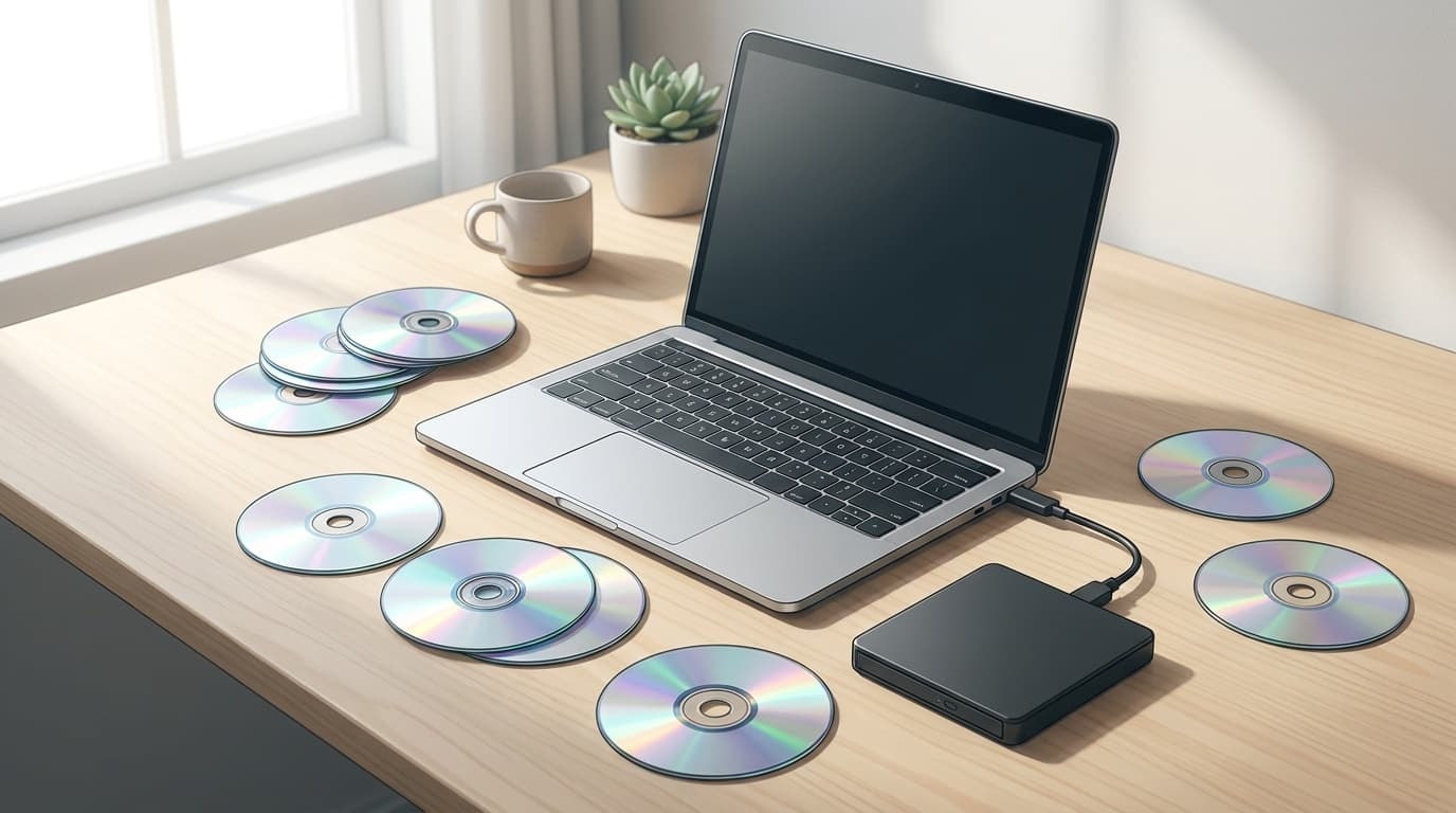 薄型ノートパソコンの周りにCDやDVDが散らばり、外付けDVDドライブがUSBで接続されているイメージ