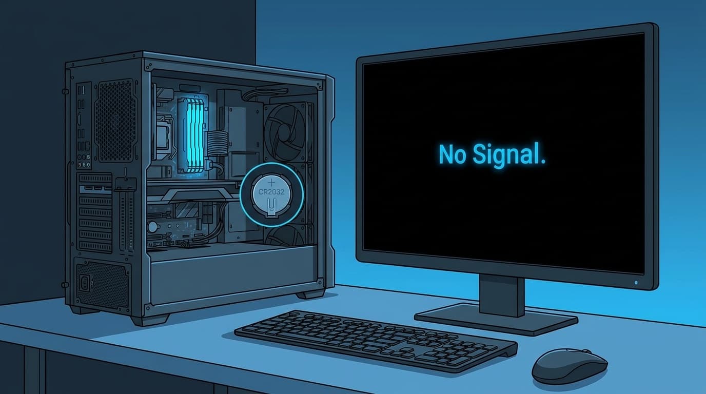 デスクトップPCの側面パネルを開けた状態とNo Signalと表示されたモニターのイラスト