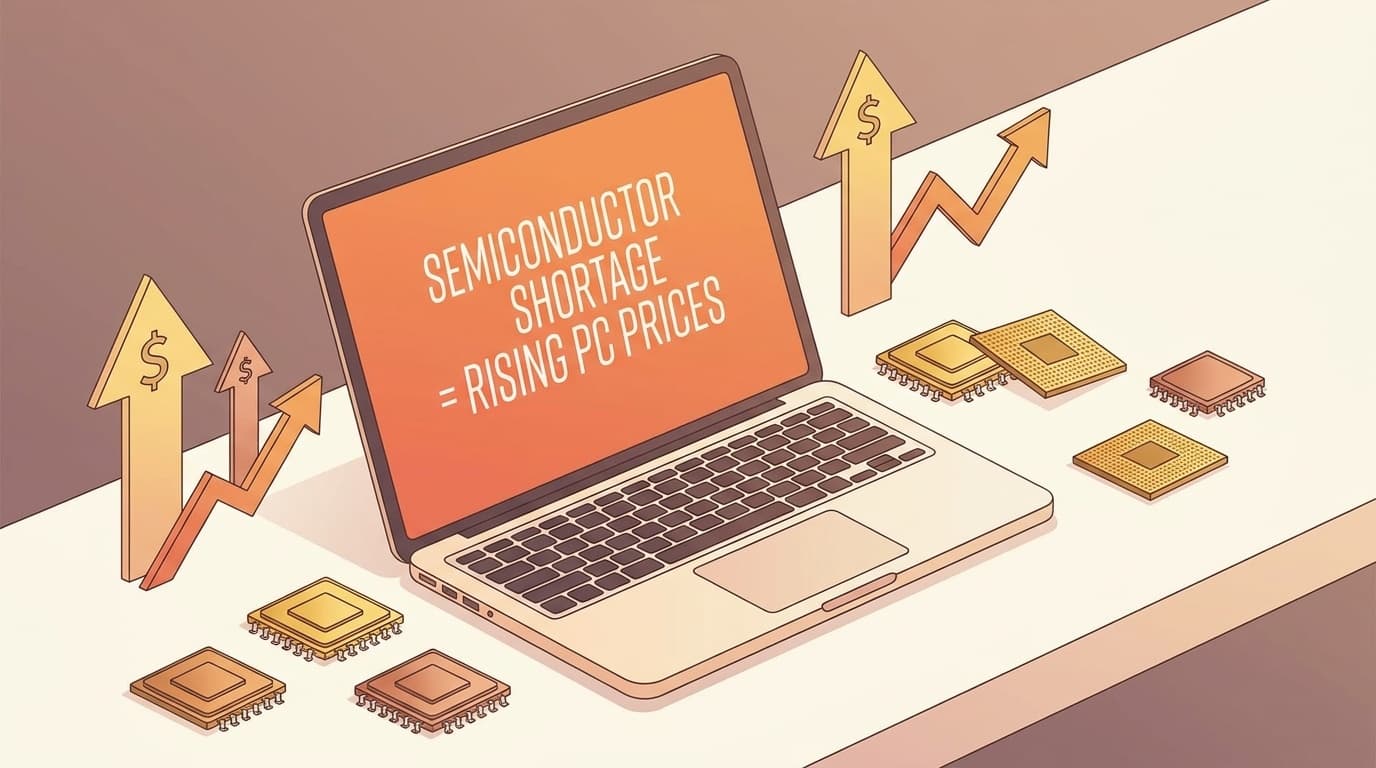 パソコンの値上げと半導体不足のイメージ — 上昇する価格矢印と半導体チップに囲まれたノートパソコン