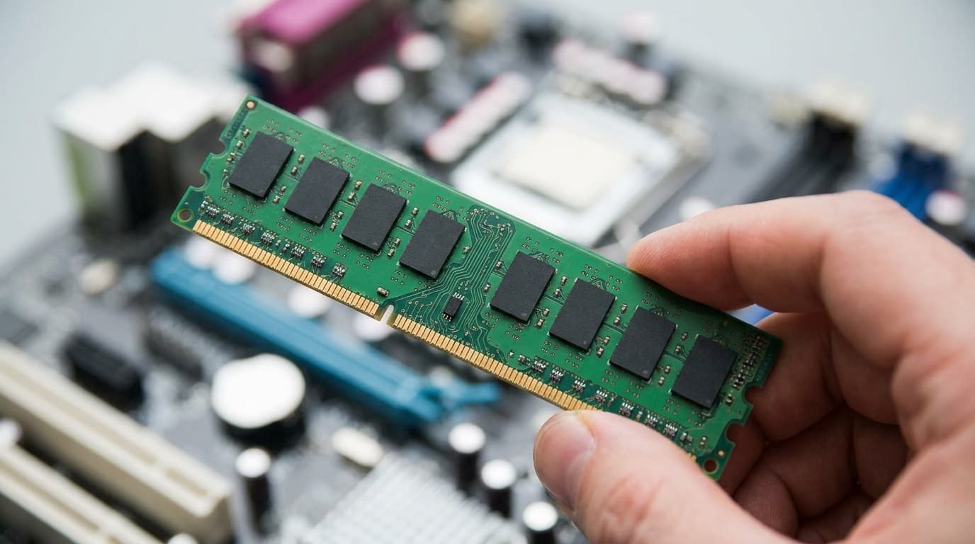 デスクトップPCのRAMメモリモジュールを手に持っているクローズアップ写真