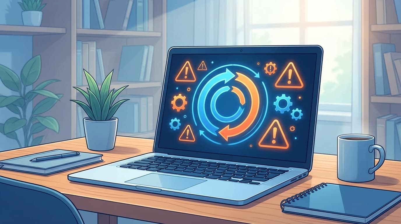 パソコンが勝手に再起動を繰り返す問題のイメージ — 再起動アイコンと警告マークが表示されたノートパソコン