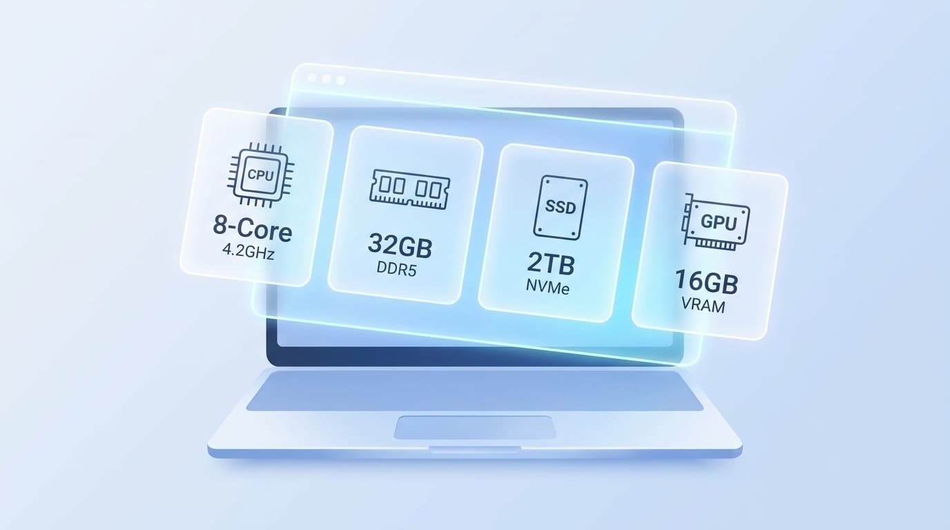 パソコンのスペック表をイメージしたイラスト — CPU・メモリ・SSD・GPUのアイコンがノートPC上に浮かぶ