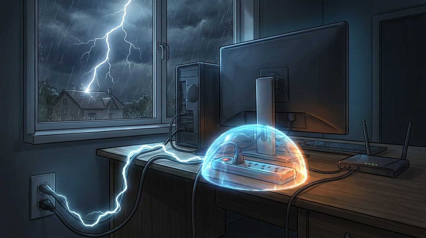 雷からパソコンを守るサージ対策のイメージイラスト
