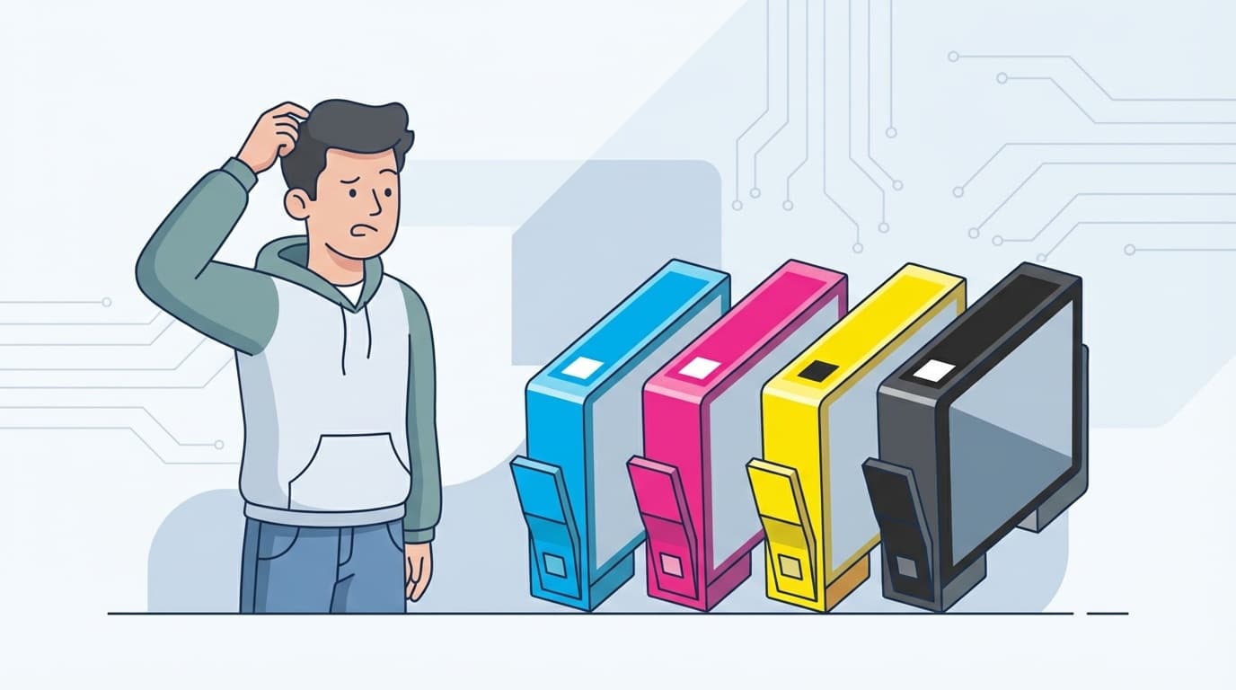 CMYKの4色インクカートリッジ(シアン・マゼンタ・イエロー・ブラック)が並んだイラスト