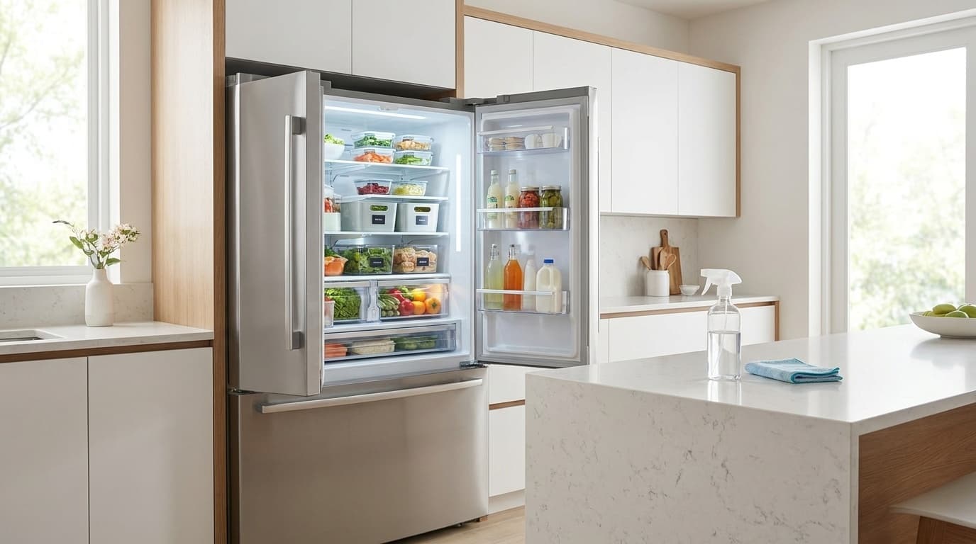 清潔なキッチンで冷蔵庫が開いている様子。整理された食品容器と掃除用スプレーが映っている
