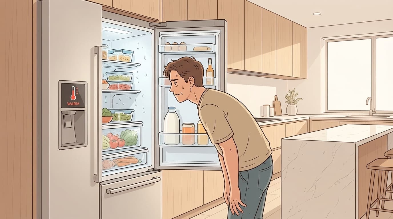 冷蔵庫が冷えないトラブルのイメージ:開いた冷蔵庫を確認する人のイラスト