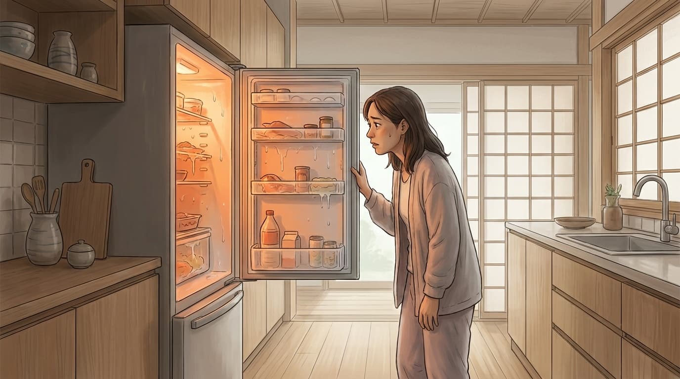 冷蔵庫が冷えない原因を確認している様子のイラスト
