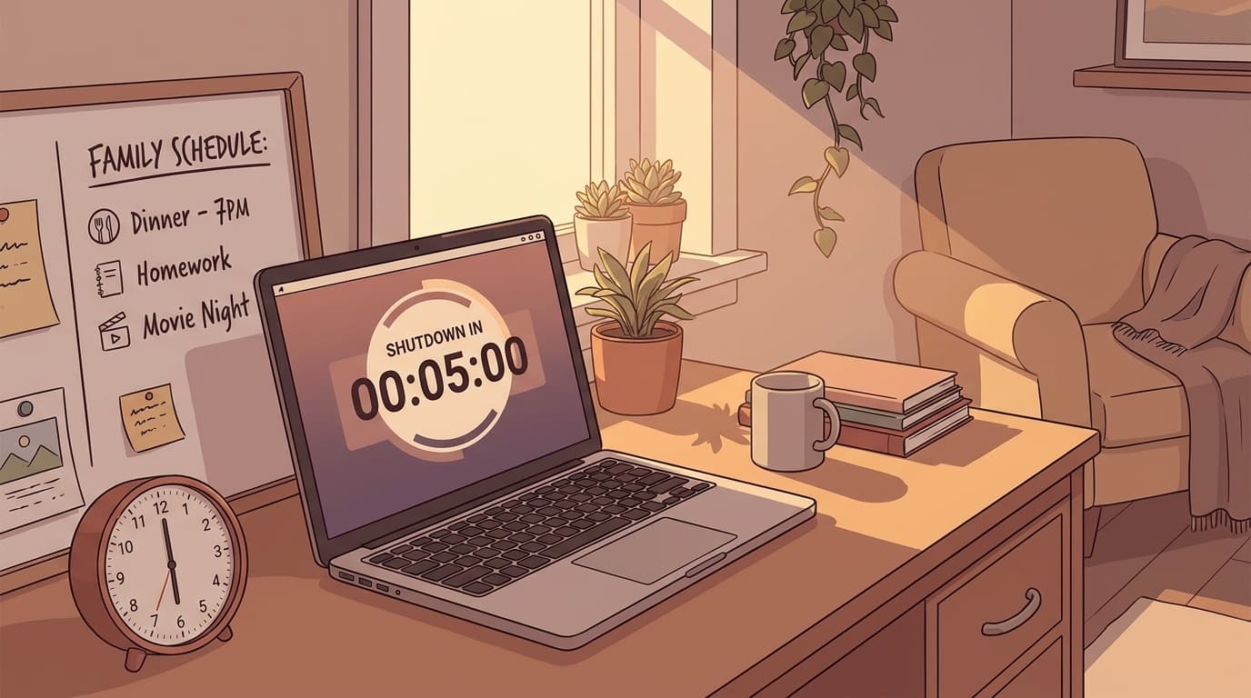在宅勤務のデスクにあるノートPCとシャットダウンタイマー、横にはホワイトボードがある温かみのあるホームオフィス