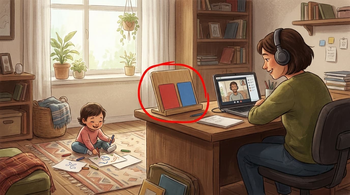 在宅勤務中にデスクでWeb会議をする親と、そばで塗り絵をする子ども。赤青サインがデスクに置かれた温かい雰囲気のホームオフィス