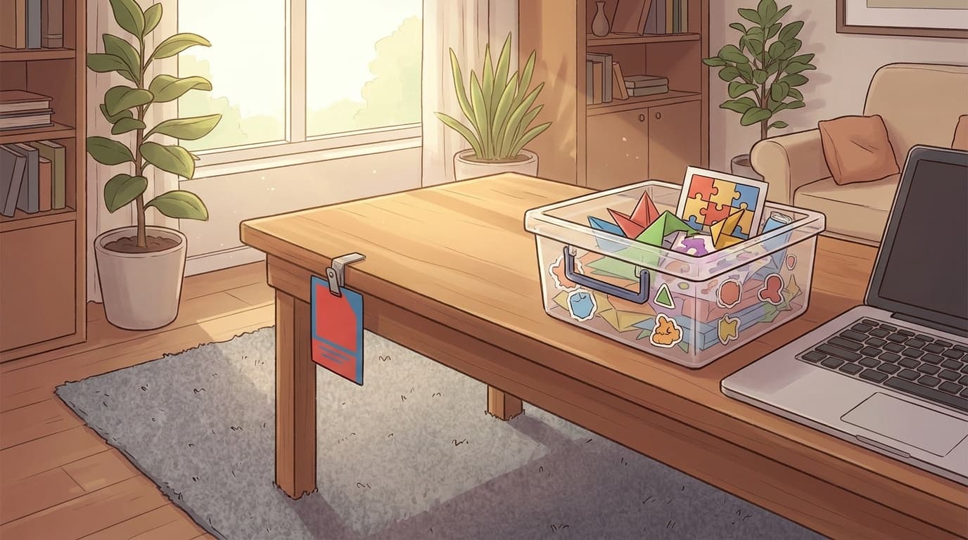 在宅勤務デスクに赤青カードとおしごとBOXが置かれたリビングのイラスト