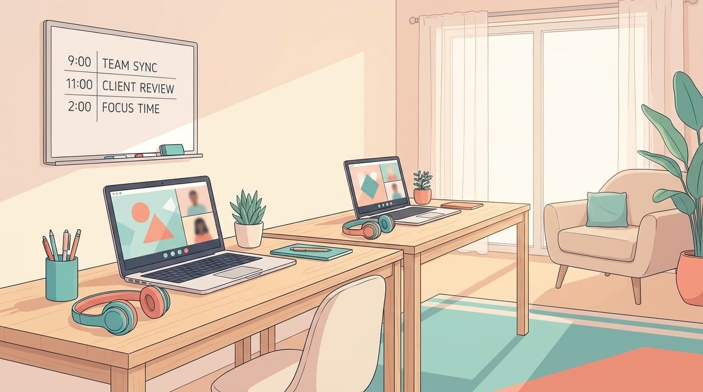在宅勤務で夫婦のWeb会議が被るときの対策イメージ:2台のノートPCとワイヤレスヘッドセット、壁のホワイトボード