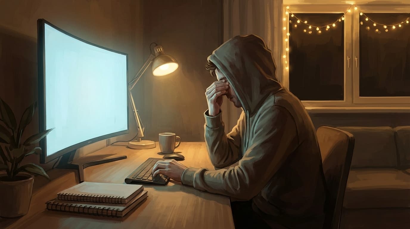 リモートワーク中にパソコン画面の前で目をこする人のイラスト