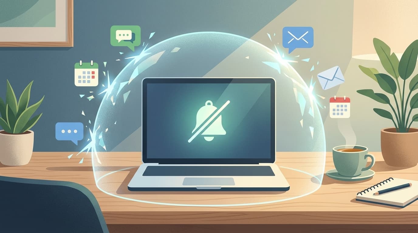 在宅勤務のデスクでWindows 11の応答不可モードをオンにし、通知をブロックして集中しているイメージ