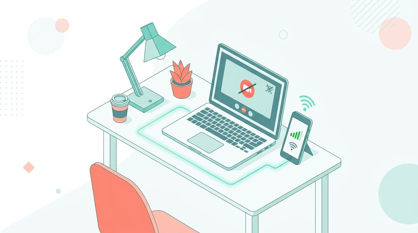 在宅勤務のデスクでノートPCと予備スマホがバックアップ回線として接続されているイラスト