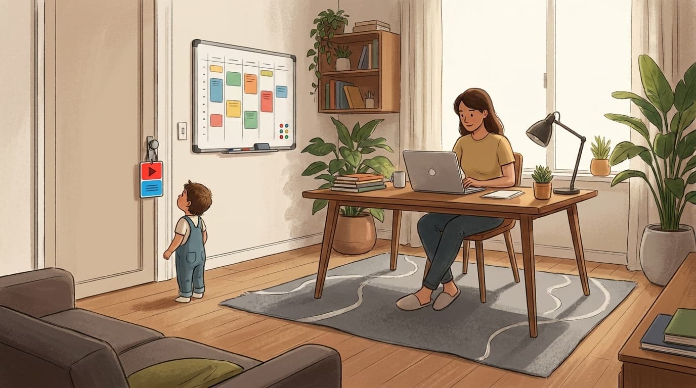在宅勤務中にドアの赤青サインを見る子どもとデスクで仕事をする親のイラスト