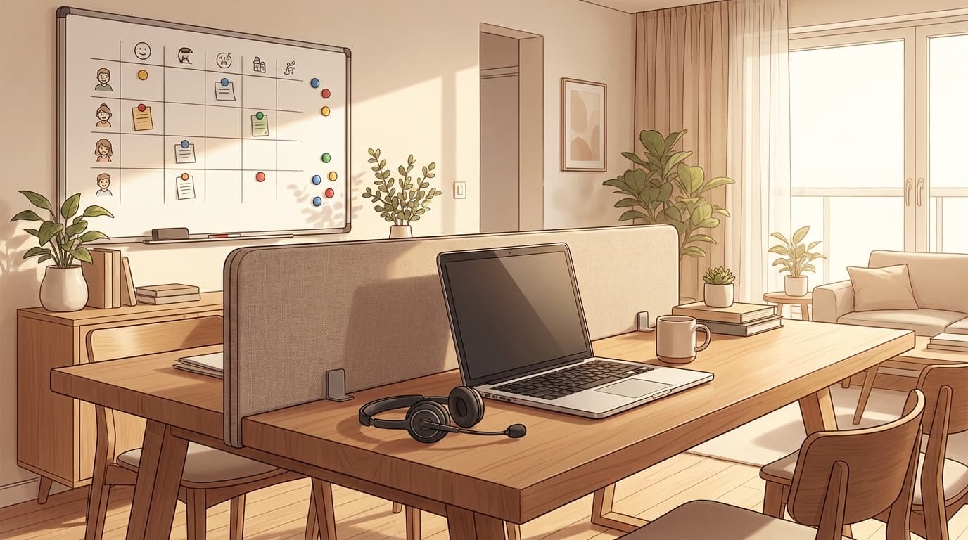 在宅勤務の仕事スペースに置かれたノートPCとヘッドセット、パーティションとホワイトボードのある明るいリビング