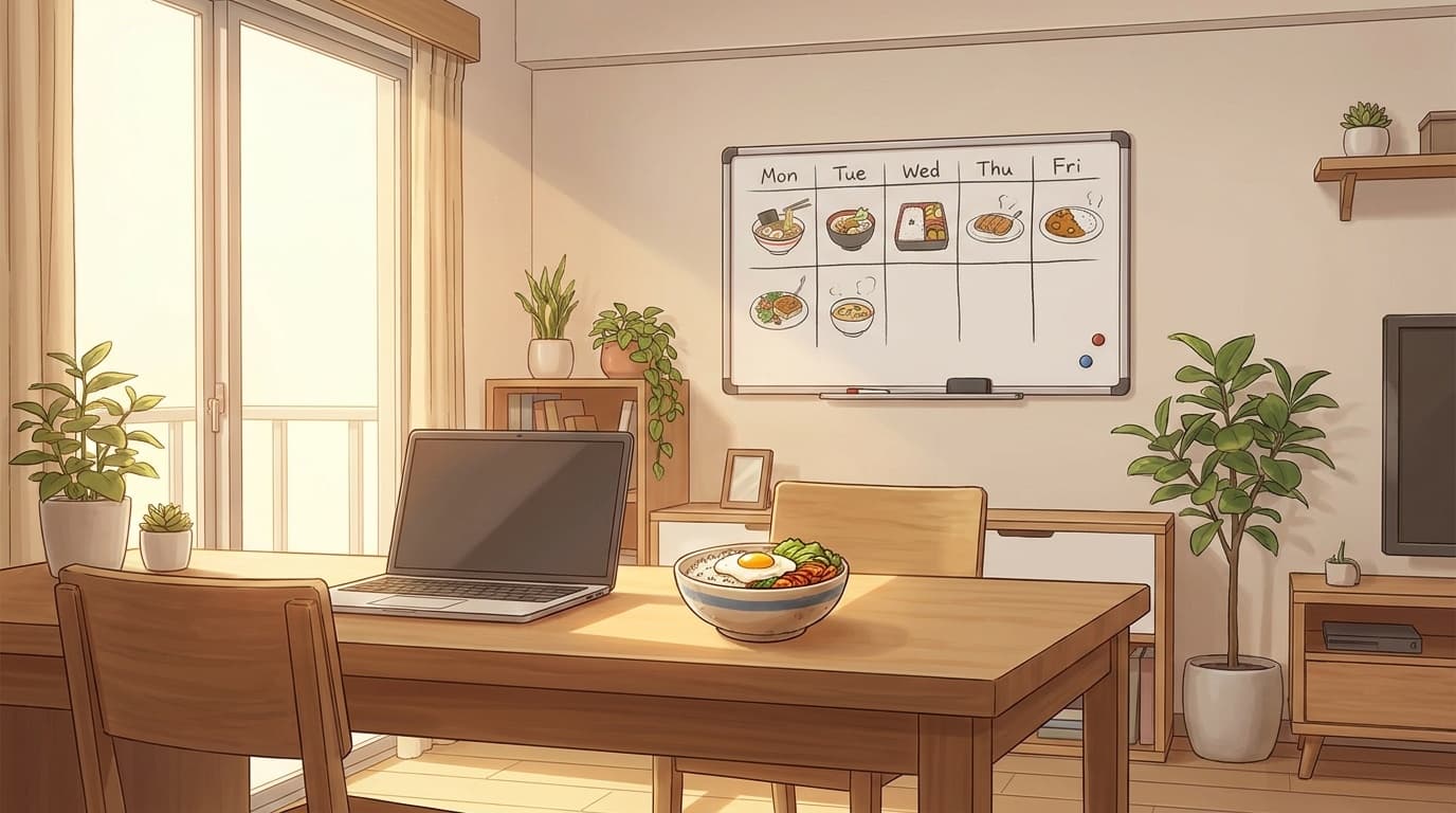 在宅勤務の昼休みに曜日別ルールを書いたホワイトボードとノートパソコンがあるホームオフィス