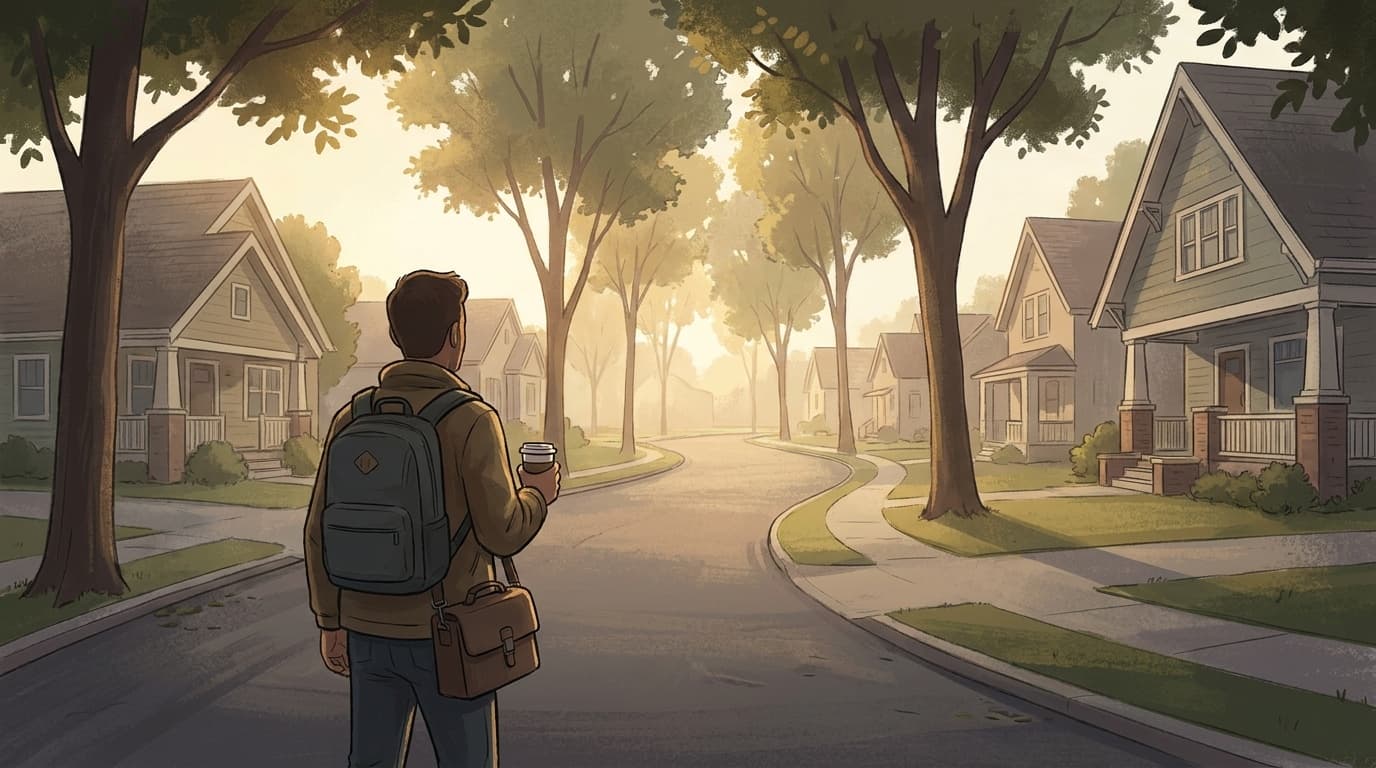朝の住宅街を歩く人のイラスト。保育園送りの帰り道をフェイク通勤として1ブロック遠回りするイメージ