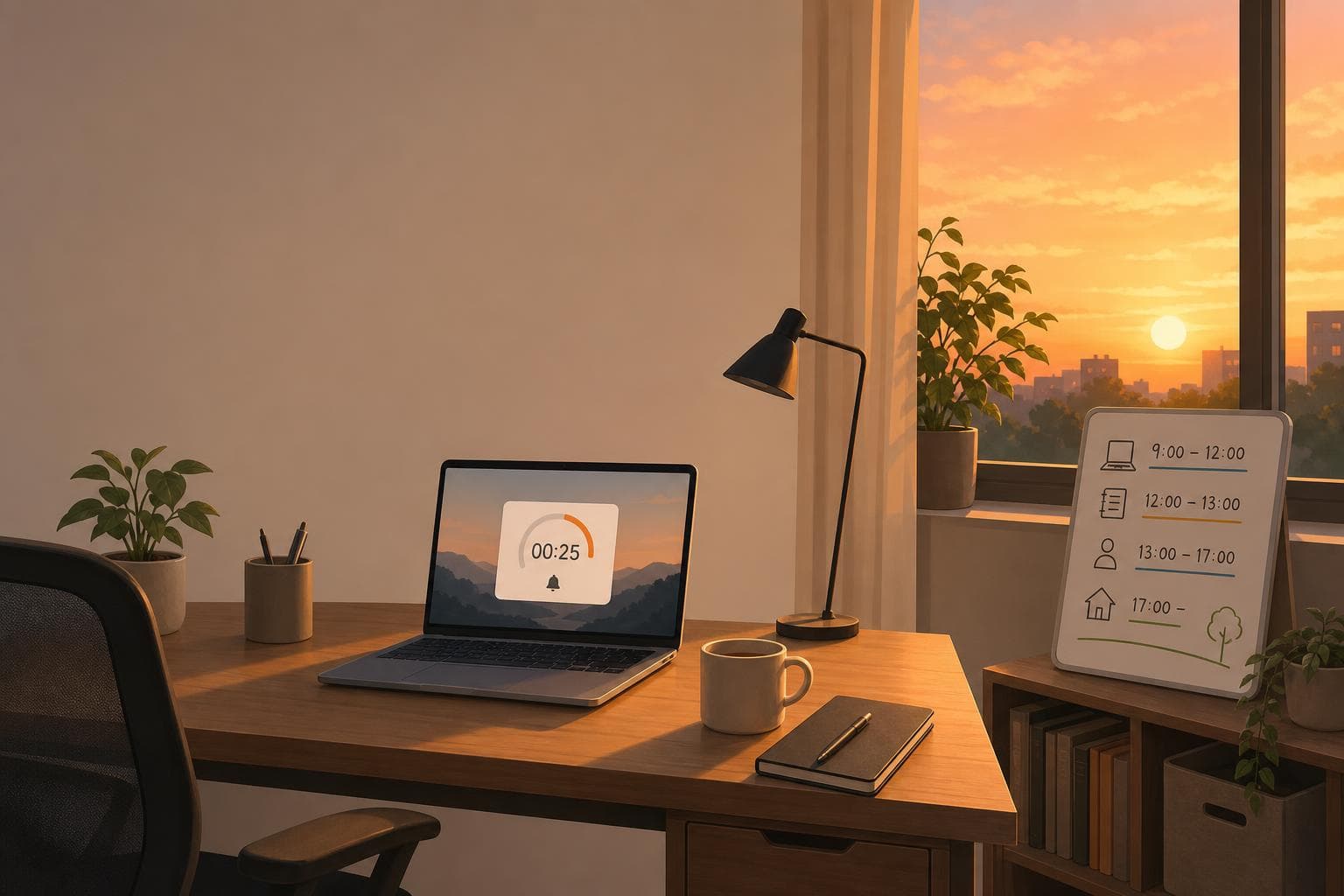 在宅勤務のデスクにシャットダウンタイマーが表示されたノートPCとホワイトボードがある夕方のイラスト