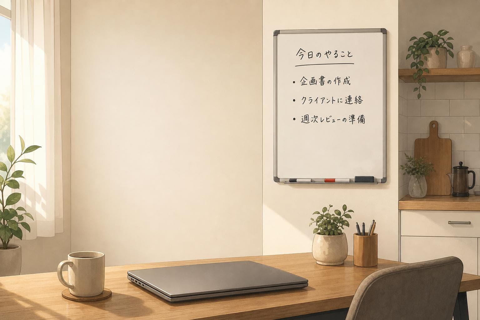冷蔵庫横のホワイトボードに中断メモ3項目を書いた在宅勤務の仕事スペース