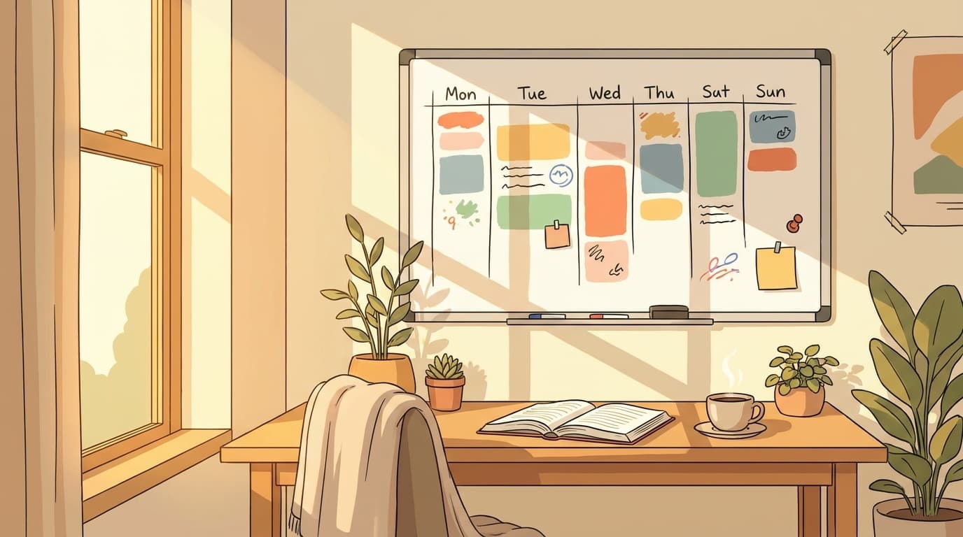 朝の勉強タイムをイメージしたホワイトボードとテキストとコーヒーカップのイラスト