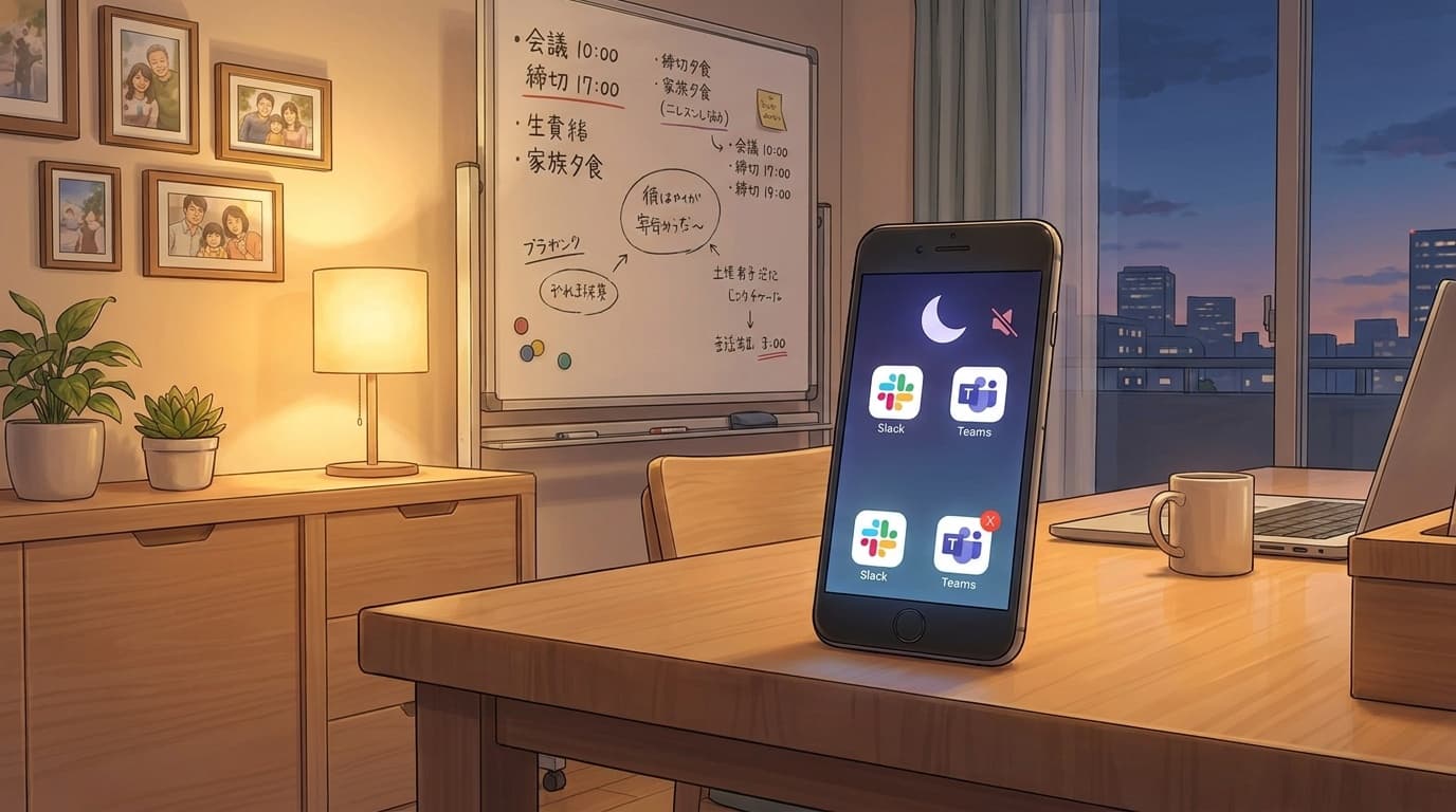 在宅勤務のデスクにあるスマートフォンの通知がミュートされている様子