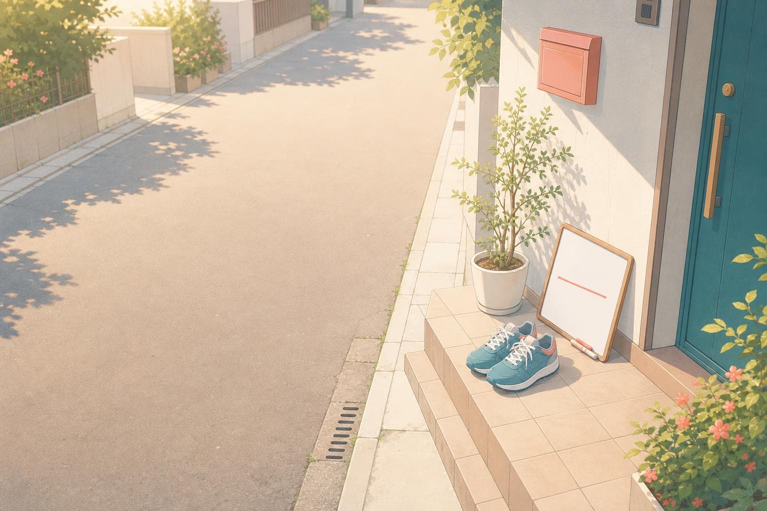 朝の住宅街の歩道とスニーカー、ホワイトボードのある玄関先のイメージ