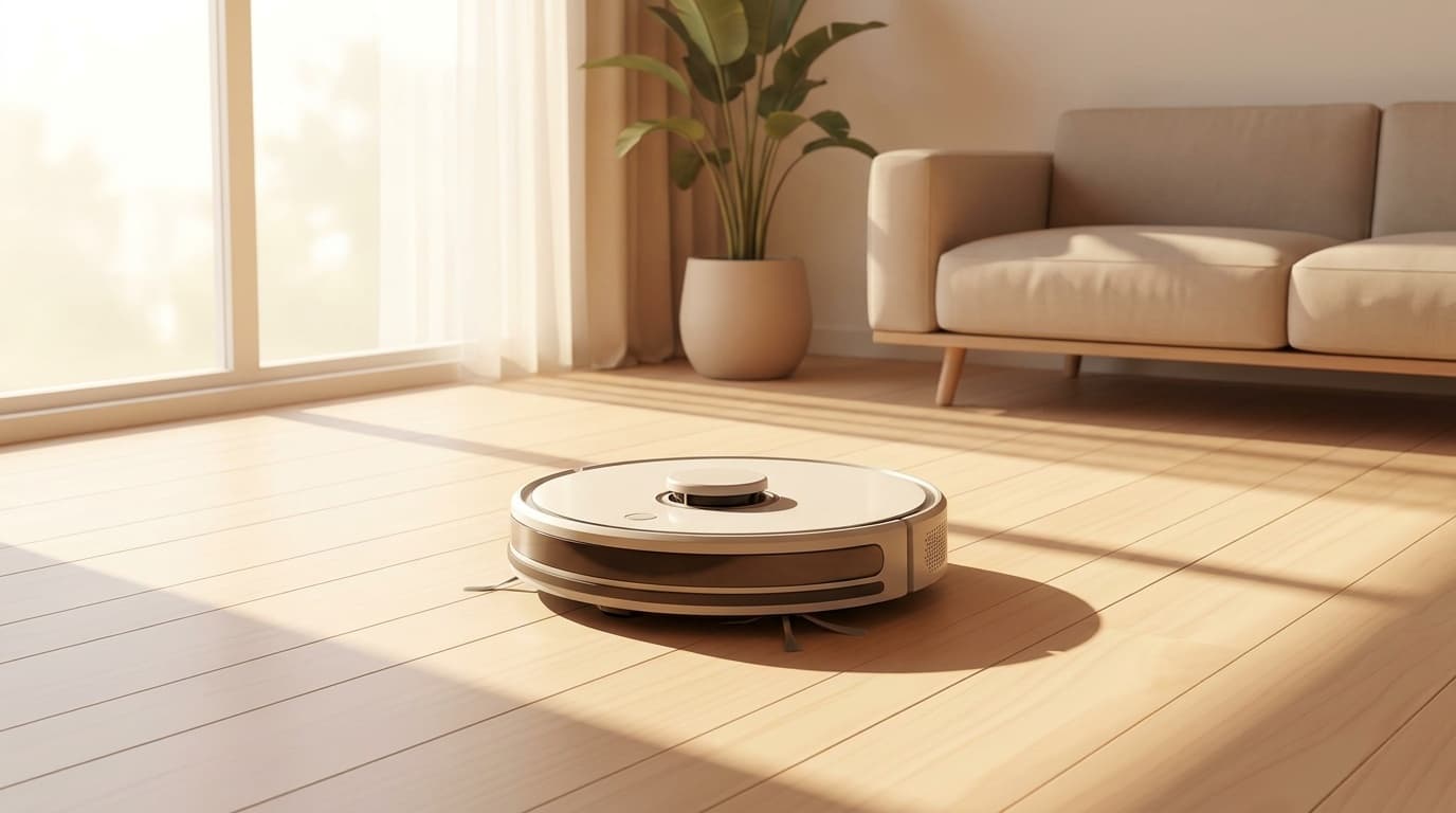 リビングの木目の床の上にあるロボット掃除機のイラスト