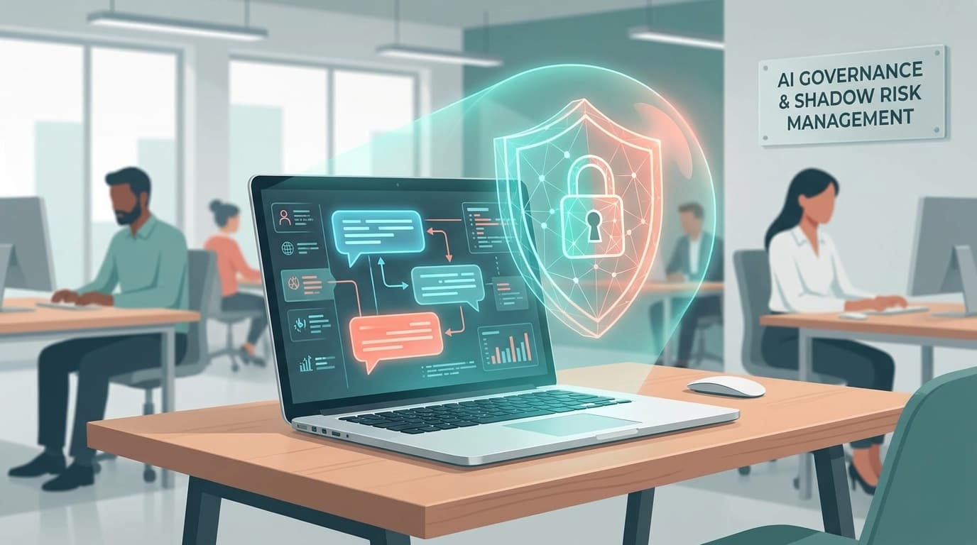 オフィスのノートPCにAIチャットボットのインターフェースが表示され、企業のAIガバナンスを象徴する透明なシールドが画面を保護しているイラスト